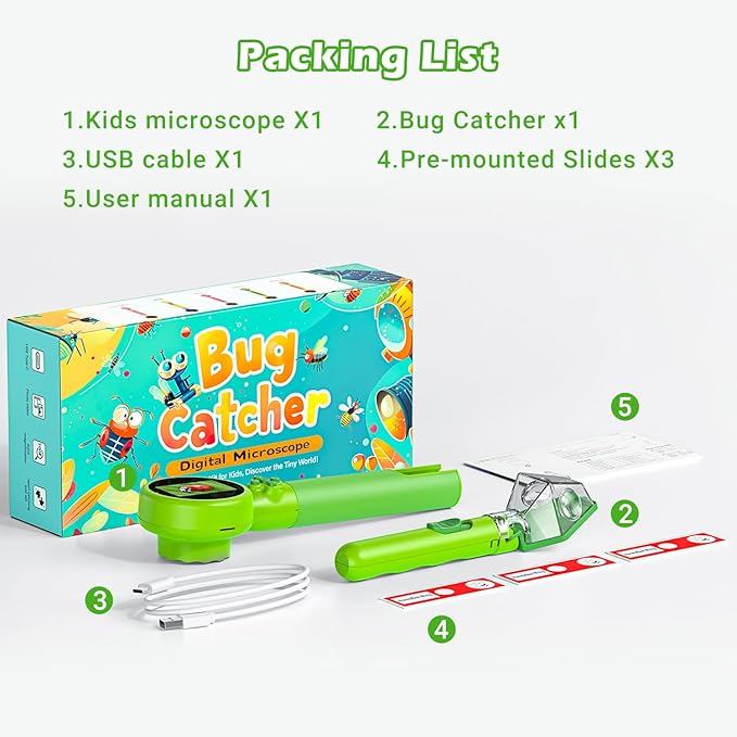 2 in 1 Kids Microscope with Bug Catcher,HD 500X Digital Microscope for Kids with 2" Screen,Photo and Video,STEM Educational Science Kit Learning Toys for Age 3-12 Girls & Boys Birthday Gifts (Green)