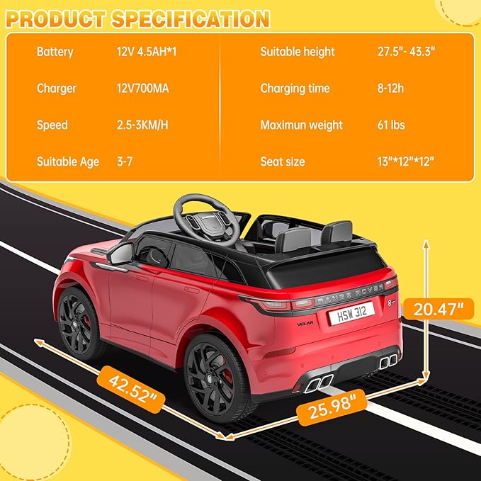 Licensed Land Rover Kids Electric Car, Ride On Toys for 4-8 Year Olds with Mp3 Player, Remote Control, Rocking, Pull Rod (Red)