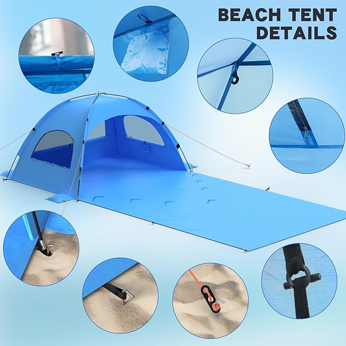 Beach Tent Sun Shelter with Extended Sand Mat 114×82inch，UPF 50+ Protection, 3 Double-Layer Windows for Enhanced Privacy; Portable Beach Shade, 3-4 People. Windproof and Waterproof