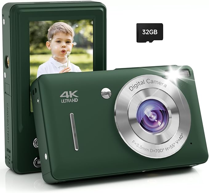 Digital Camera, 44MP FHD 1080P, 16X Zoom, 32GB SD Card, Compact Camera for Kids Teens Adults, Green