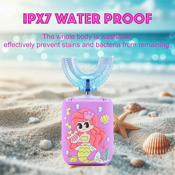 Kids Electric Toothbrush, U Shaped Toothbrush Kids Sonic Automatic Brush with Cup 5 Brush Head 6 Clean Modes IPX7 Waterproof Mermaid Design Rechargeable Smart Timer for Children 8-14