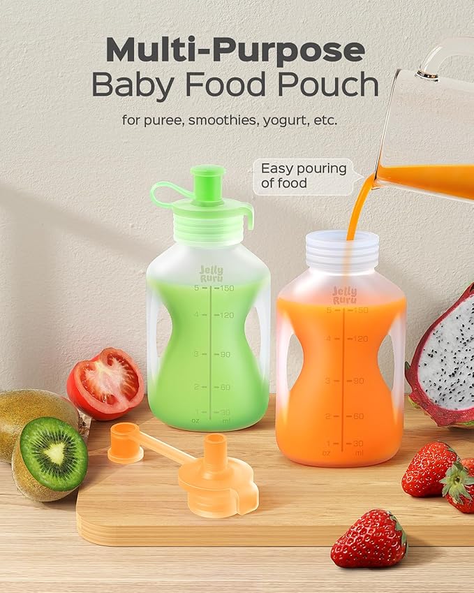 Silicone Reusable Baby Food Pouches with Straws, 8 Pack Leakproof Refillable Squeeze Pouches, Dishwasher, Freezer, Microwave Safe, 5OZ Baby Food Storage for Homemade Puree, Yogurt