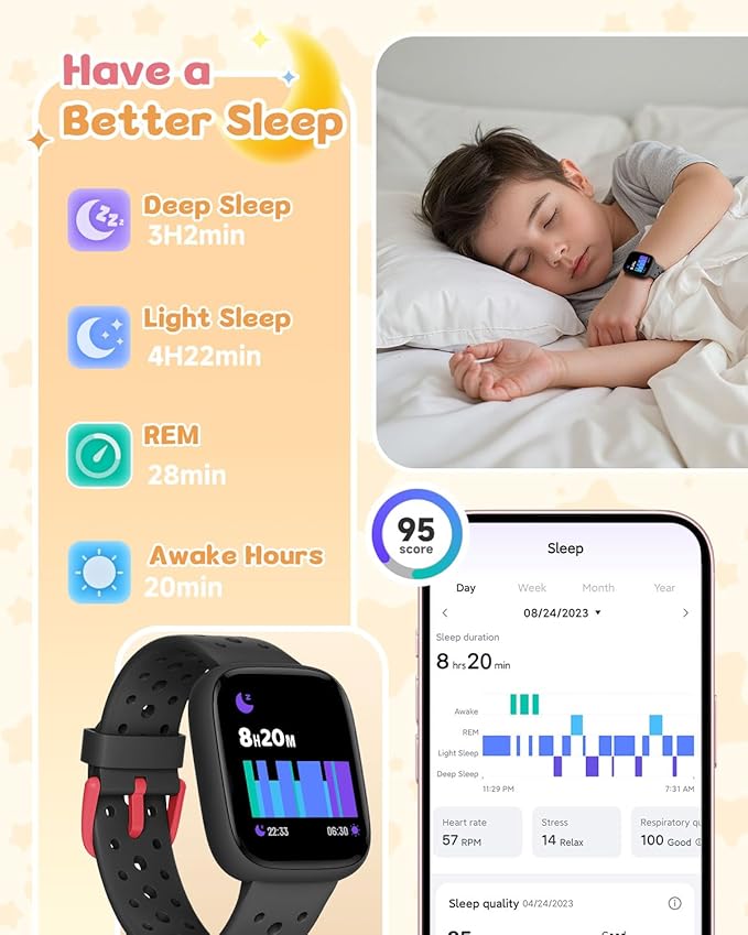 Kids Watch for Boys 5-12, Kids Smart Watch Fitness Tracker Pedometer, No Phone Needed, Puzzle Games with Parental Control, IP68 Waterproof, Heart Rate, Sleep Monitor, Step Counter, 80 Sports