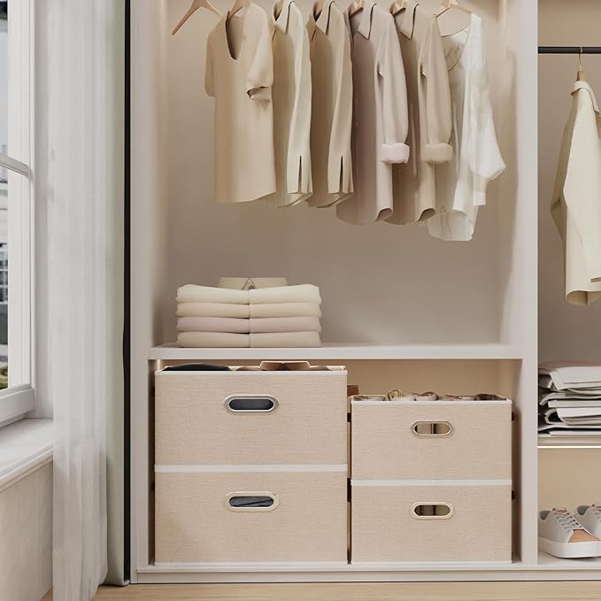 Yawinhe Collapsible Storage Box, Cube Storage Basket, Fabric Foldable Storage Bins Organizer Containers with Dual Leather Handles for Home Bedroom Closet Office,15.0 x 9.8 x 8.3 Inch, (Beige, 4-Pack)