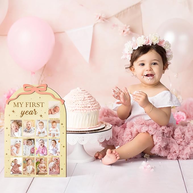 R HORSE My First Year Photo Frame Board, 3D Coquette Pink Bow Display Wood Board, Baby’s First Year 12 Months Milestone Sign 1st Birthday Frame Nursery Decor Keepsake Gift for Boy Girl