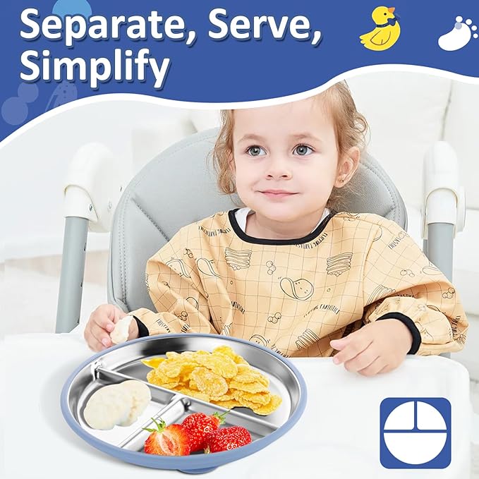 Stainless Steel Toddler Plate with Suction, 9” Divided Plates with Removable Silicone Sleeves for Kids, Non Toxic & BPA Free | Non Slip | Unbreakable Baby Snack Dishes Set of 2, Blue & Gray