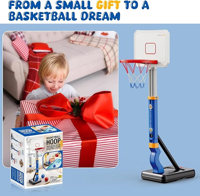 Toddler Basketball Hoop, Adjustable Height 2.3-4.5ft Baby Basketball Goal Set with 4 Balls & Pump, Backyard Poolside Basketball Toy for Boys & Girls Birthday Gift, Blue