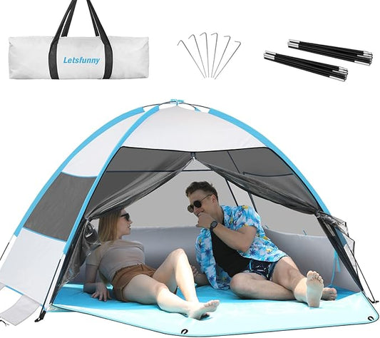 Large Easy Setup Beach Tent,Anti-UV Beach Shade Beach Canopy Tent Sun Shade with Extended Floor & 3 Mesh Roll Up Windows Fits 3-4 Person,Portable Shade Tent for Outdoor Camping Fishing