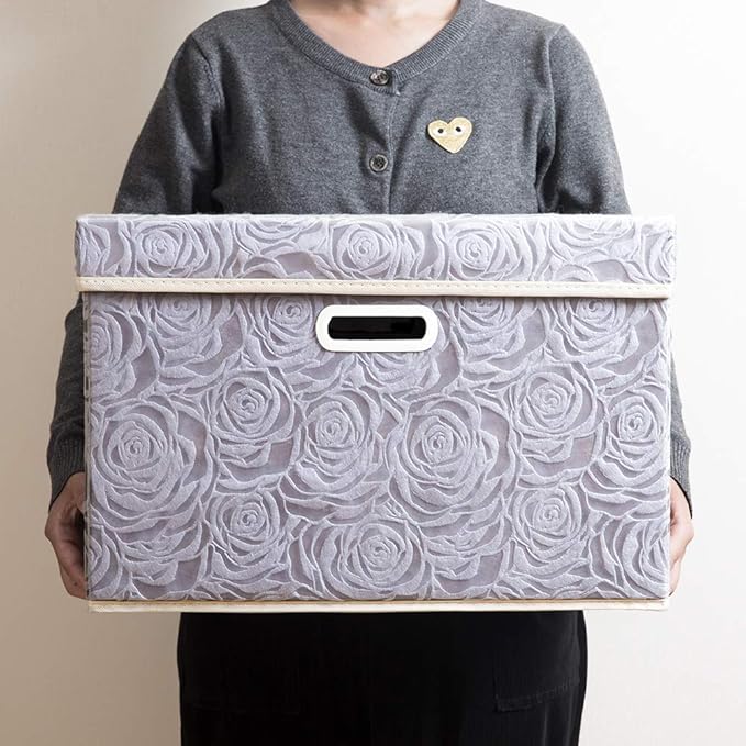 PRANDOM Larger Collapsible Storage Box with Lid [1-Pack] Fabric Decorative Storage Bin Cube Organizer Container Basket with Cover Handles for Bedroom Closet Living Room Gray 17.7x11.8x11.8 Inch