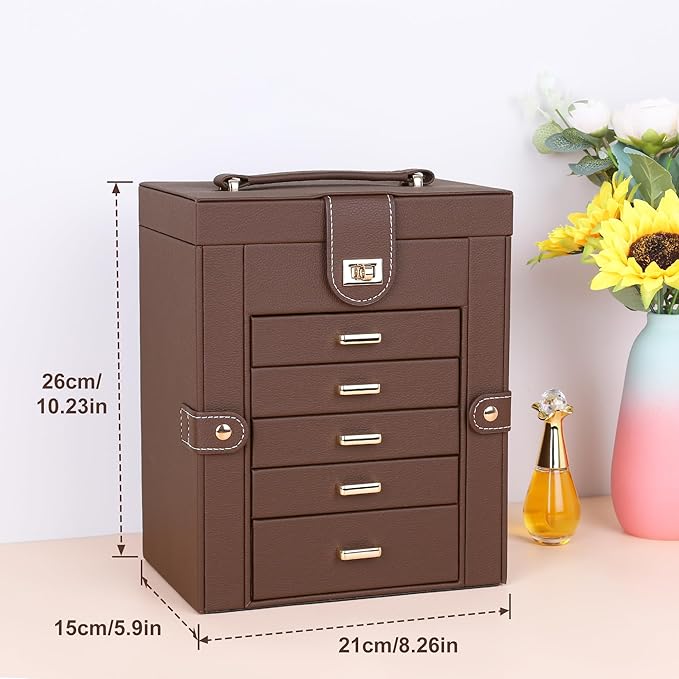 Kendal Jewelry Box, 6-Layer Jewelry Storage Organizer for Necklace Bracelet Rings Watch, 10.2"x8.2"x6" Classic Brown PU Leather 5 Drawers Large Storage Capacity with Mirror