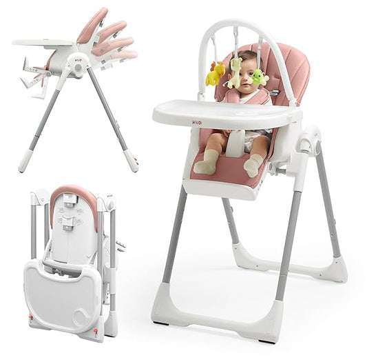 KÜB 3-in-1 Foldable Baby High Chair, 7 Height & 4 Recline Adjustable Seat & Tray for Easy Clean, 2 Locking Wheels, Multifunctional Infant High Chairs for Babies and Toddlers (Pink, with Toys)