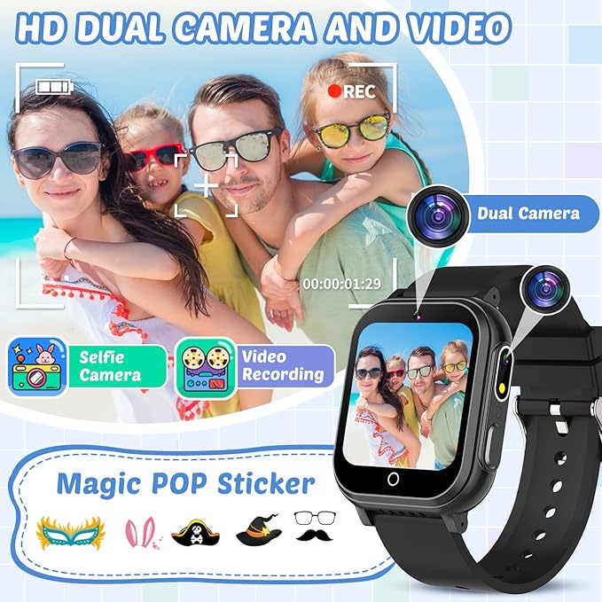 Waterproof Smart Watch for Kids with 32 Games Dual Camera Video Habit Tracking Music Player Pedometer Screen Protectors Lanyard, HD Touchscreen Kids Smart Watch Toy Birthday Gift for 3-12 Year Old