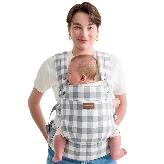 Momcozy Baby Carrier with Natural Cotton Linen, Built to Last, Ergonomic Design, Lightweight and Comfortable, Hands-Free for Moms&Dads, Slate Checkerboard