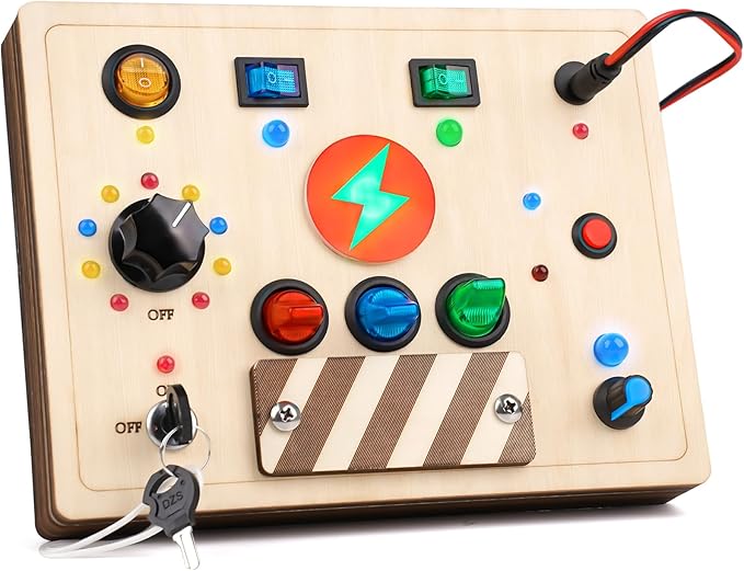 Joyreal Montessori Busy Board Wooden Sensory Toys for Toddler with LED Light Up Switch, Baby Fidget Board Travel Toys for 18+ Months, 1 2 3 Year Old Boys Girls Toddler Toy Gifts (Mixed Lights)