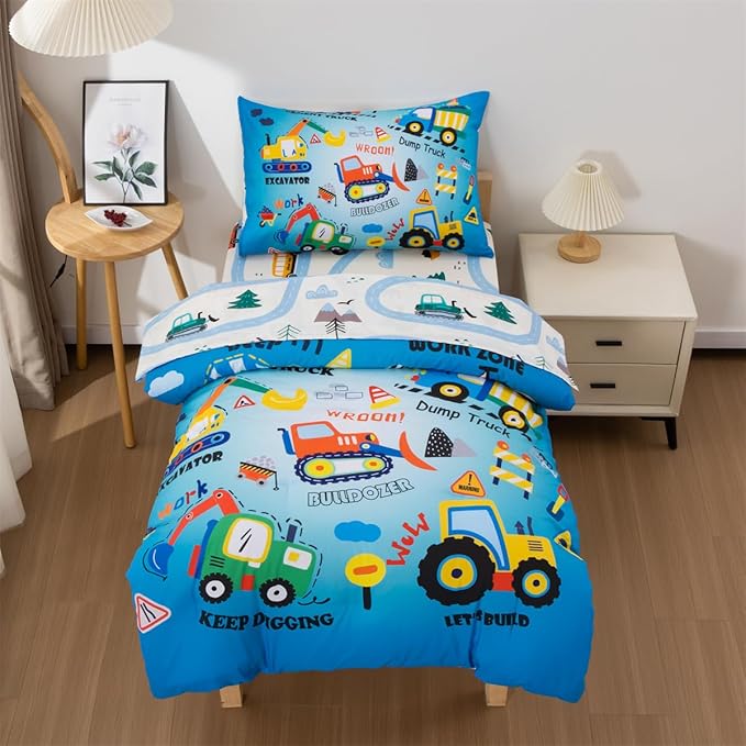 NTBED 4 Pieces Construction Truck Toddler Bedding Set for Baby Boys, Cartoon Vehicles Excavator Cars Printed, Includes Comforter, Flat Sheet, Fitted Sheet and Pillowcase,Sky Blue