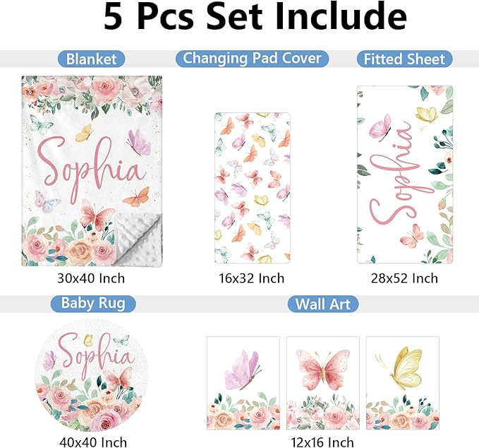 Personalized Baby Crib Bedding Set, 5 Pcs Custom Baby Crib Sets with Name, Double Layer Butterfly Nursery Bedding Set for Girls, Soft Flannel Baby Bedding Set, Toddler Infant Customized Gift