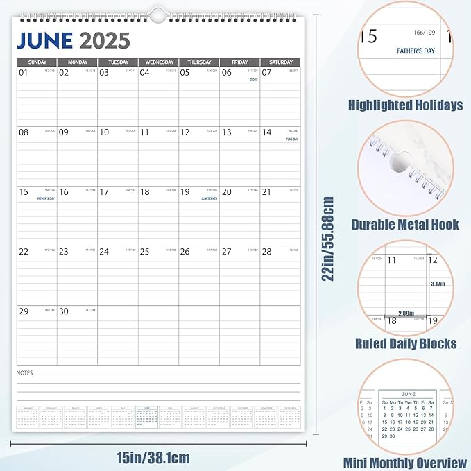 GuassLee Large Wall Calendar 2025-2026, 22"x15" Vertical Wall Calendar 2025, Jun. 2025 to Dec. 2026, 19-Month Paper Hanging Planner Wall with Julian Date for Office Home Planning & Organizing