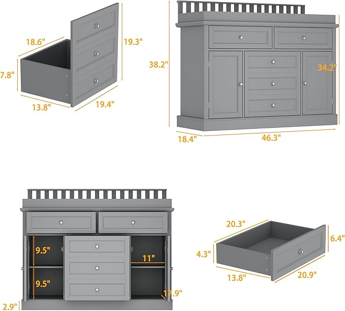 Nursery Dresser with Changing Table Top, 46"W Baby Dresser with 2 Drawers, Laundry Basket & Raised Guard, Infant Diaper Changing Storage Organize Station for Nursery and Baby Bedroom, Grey