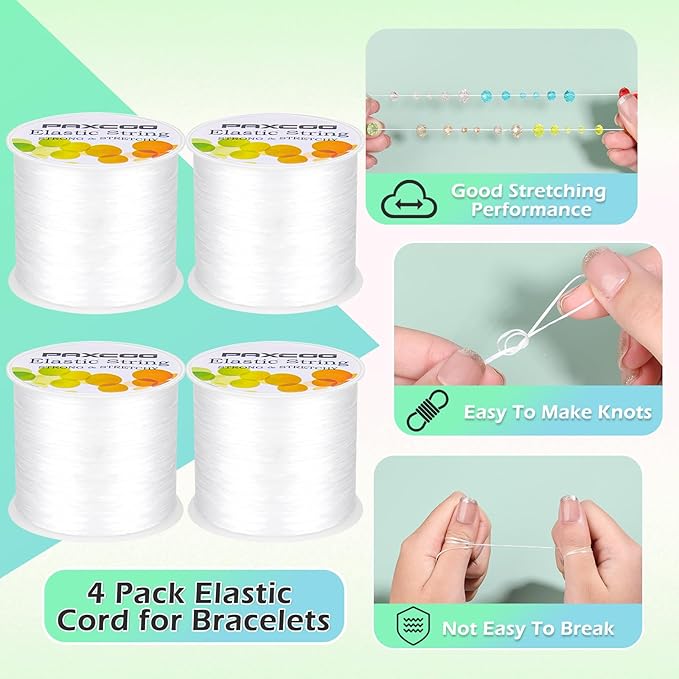 PAXCOO 4 Rolls Elastic String for Bracelets, Stretch Magic Elastic String Bead Cord Jewelry Thread for Bracelet, Necklaces, Clay Beads, Pony Beads (White)