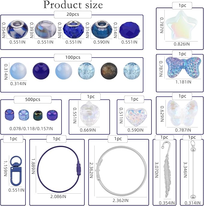 Kingshine 630pcs Beads Making Kit - European 8mm Round Glass Beads with Charms for DIY Bracelet Necklace Earring Jewelry (Blue)