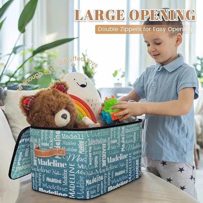 Custom Storage Basket with Name, Personalized Storage Bins with Zipper Lid, Foldable Fabric Storage Box Large capacity with Handle Grey Blue Green