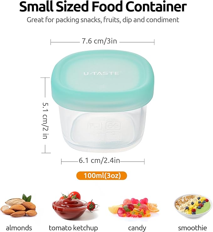 U-Taste 3oz Mini Sauce Containers: Food Grade Liquid Silicone Condiment Storage with Airtight Lid, Freezer Safe with Clear 100ml Measurements, Reusable for Dipping Ketchup, Salad Dressing (Aqua Sky)