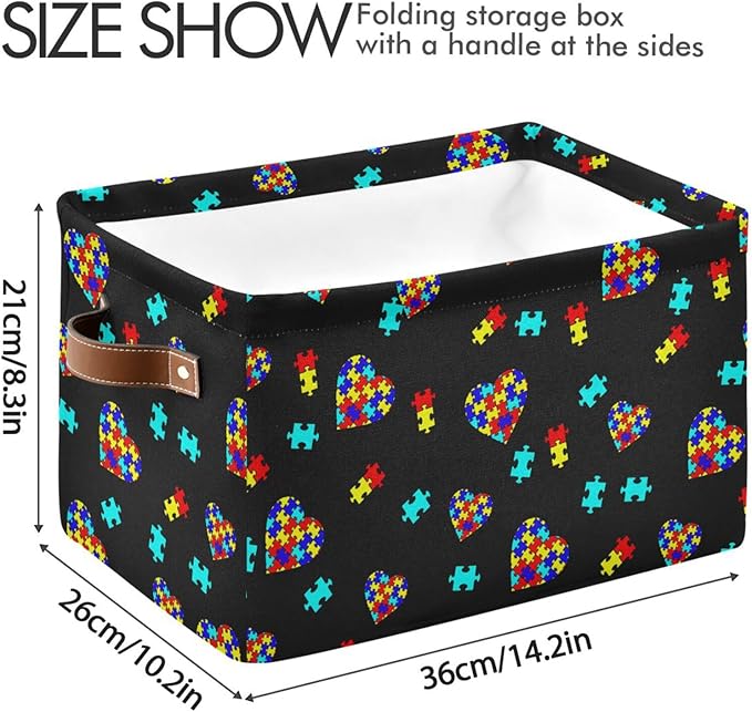 Multicolor Storage Basket Bin Autism Awareness Puzzle Pieces Heart Organizer Collapsible Shelf Cube with Handle for Nursery Bedroom Bathroom