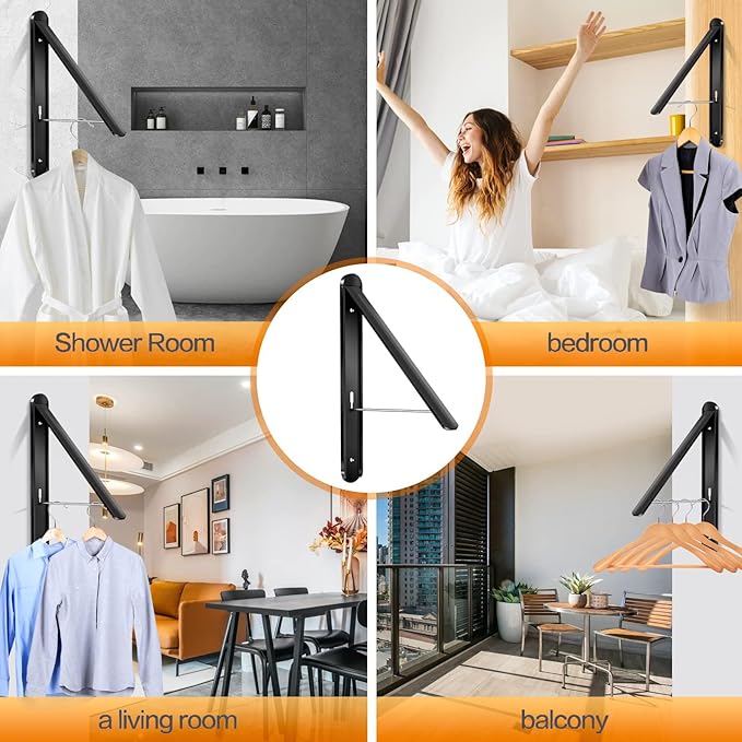 Wall Mounted Clothes Drying Rack-Foldable Indoor Laundry Rack,Space Saving Collapsible Clothes for Bathroom, Dorm, Apartment, RV, Laundry Room Organization.(Black-Aluminum)