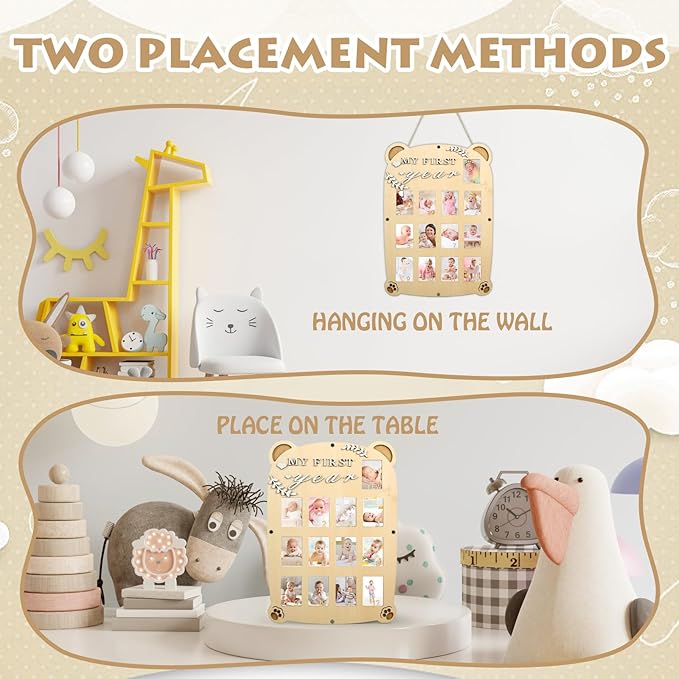 My First Year Picture Frame,One Year Of Photo Board, Baby's First Twelve Months Photo Collage and Gender Neutral Keepsake, Ideal for Baby Shower,New Mom Keepsake Gift and Nursery Decor - With Stand (Cat sign)