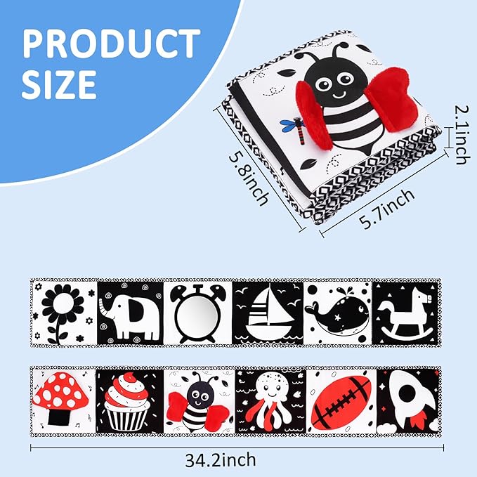 Black and White High Contrast Toys for Baby 0-3 3-6 Months Infant Tummy Time Soft Book Sensory Musical Toy 0-2-4-6 Month Babies Brain Development Montessori Crinkle Book Mirror Newborn Shower Gifts
