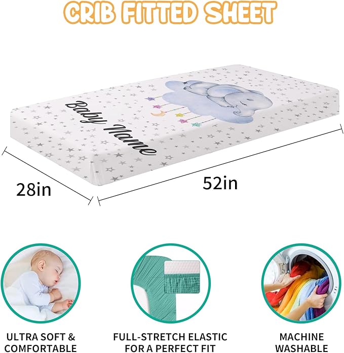 Custom Crib Bedding Set - Elephant Design Personalized Name Baby Nursery Bed 3 Pcs Set - Chic Soft Blanket with Dotted Backing, Sheet, Pillowcase for Newborn Girls Boys Gifts Color17
