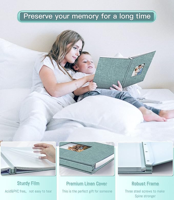 popotop Photo Album Self Adhesive with Picture Display Window,40 Pages DIY Scrapbooking Supplies Kit for 4x6 10x12 Picture,Linen Cover Memory Book for Baby Wedding, with Scraper and Metallic Pen