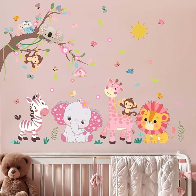 Pink Forest Baby Animals Wall Decals - Elephant Lion Giraffe Monkey Zebra Wall Stickers - Nursery Kids Girls Boys Room Daycare Playroom Classroom Wall Decor