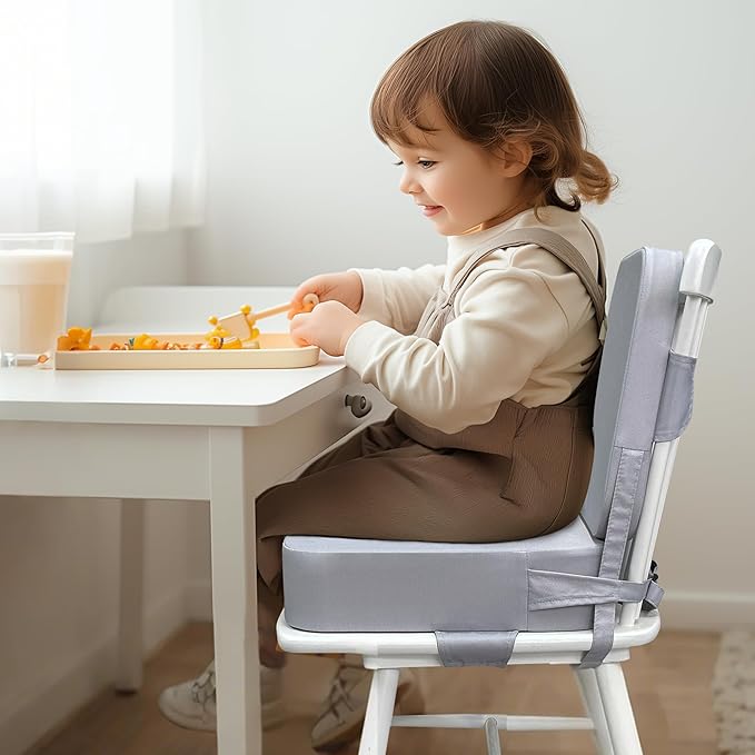 Toddler Booster Seat for Dining Table with Backrest and Adjustable Straps, Waterproof Oxford Foam Cushion with Non-Slip Bottom, Portable Chair Booster for Kitchen Use (Grey)