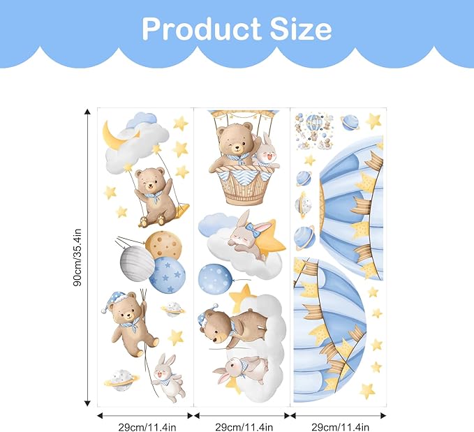Tanlaby Blue Hot Air Balloon Wall Stickers Cartoon Bear Rabbit Stars Planets Wall Decals Peel and Stick Art Decor for Nursery Kids Bedroom Playroom Daycare Classroom