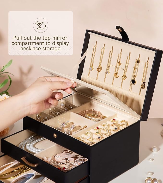 Black Jewelry Box Organizer: Home Decor for Women - 2-Drawer Holder for Valentine’s Day Birthday Christmas Black Grey-Purple