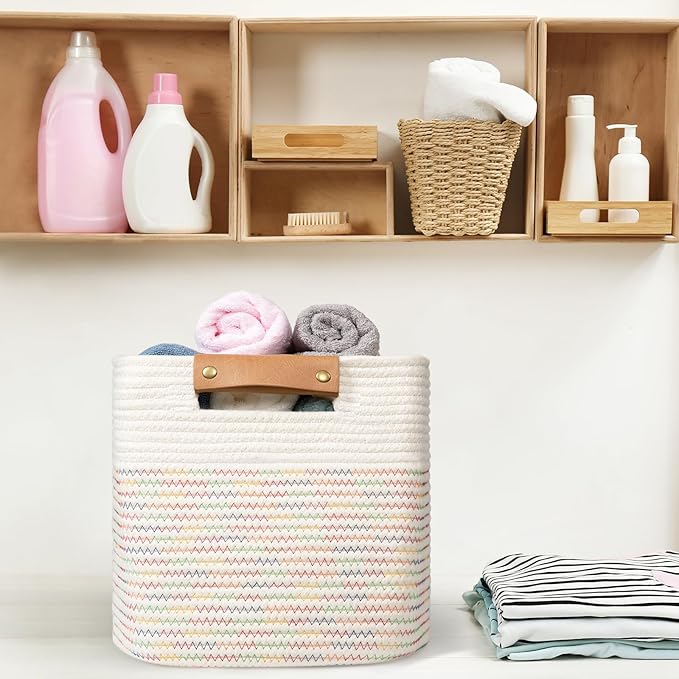 danpinera 11"x11" Storage Cubes, Soft Boho Storage Basket with Neat Stitching, 3-Pack Cube Storage Organizer, Woven Baskets for Storage in Living Room, Kids Room, Bedroom, Rainbow