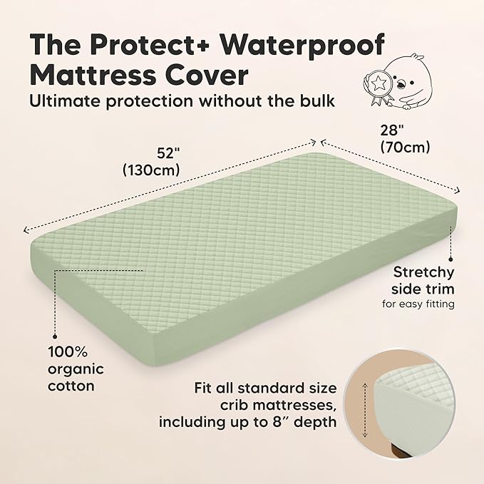 Waterproof Crib Mattress Protector Cover Fitted - 2-Pack Quiet Baby Crib Mattress Pad Sheets, 52" x 28" Soft Quilted Cotton Baby Sheet, Machine Washable, Easy Fit, Durable (Soft Fern/Quin)
