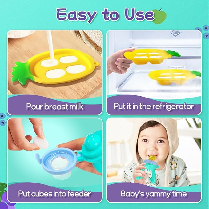 Baby Fruit Food Feeder - Silicone Nibble Tray Combo - Breastmilk Popsicle Mold for Cooling Relief, BPA Free Mesh Feeder for Infant Self Feeding (Antler Blue + Pineapple)