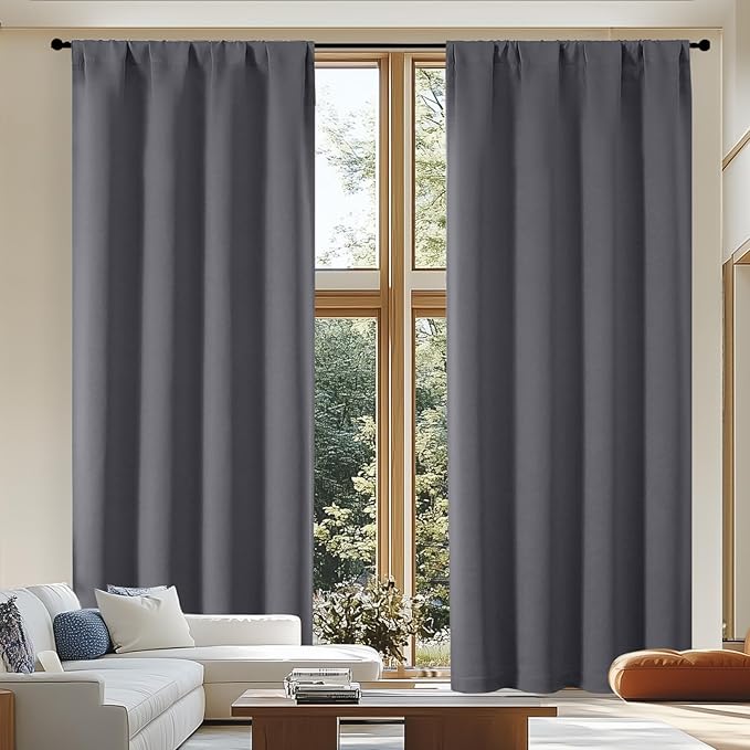 Simplebrand Ava Grey Blackout Curtains for Patio 108 Inches Long 2 Panels Set, Solid Thermal Insulated Room Darkening Rod Pocket Window Treatment Curtains Blackout Drapes, W50 x L108 Inch, Grey