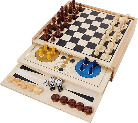 Juegoal 7-in-1 Wooden Board Game Set for Kids Adults, Tabletop Combo Classic Travel Portable Board Games (Chess, Checkers, Chinese Checkers, Backgammon, Parcheesi, Snakes and Ladders, Tic Tac Toe)