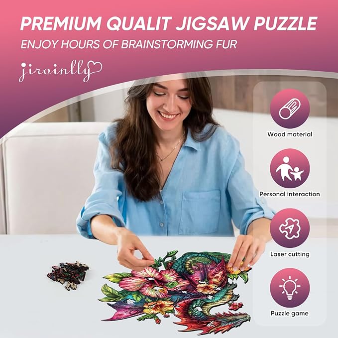 Wooden Puzzles for Adults, Dragon Puzzle Challenge Jigsaw Puzzles 300 Piece (Royal,12.62 in) Thickened Unique Shapes Family Reunion Puzzle, Best Gift for Adults and Kids, Family Game