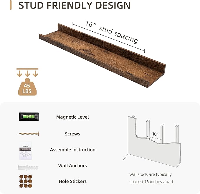 Picture Ledge Shelf, Wood Floating Shelves Set of 4, 24 inch Picture Ledge Shelves, Photo Ledge Nursery Book Shelves Wall Mounted for Living Room Kids' Room Bedroom, Color Brown