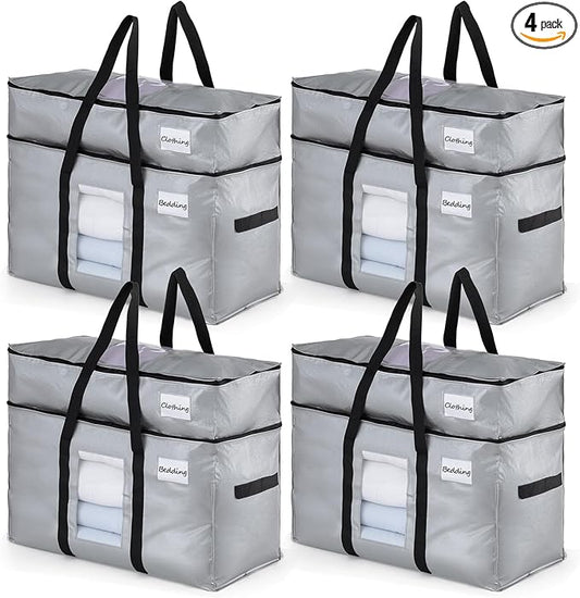TAILI 2 Tier Extra Large Moving Bags, 4 Pack Silver Heavy Duty Totes For Storage with Visible Window, Wrap Around Handles, Storage Bags for Space Saving, Alternative to Moving Boxes