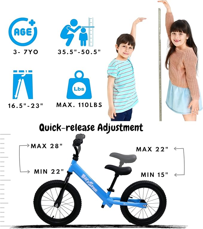 14 Inch Balance Bike for Kids 3-7 Year Old, Kids Bike with No Pedals, Air Rubber Tires, Adjustable Height, Pedalless Kids Bicycle for Boys, Girls