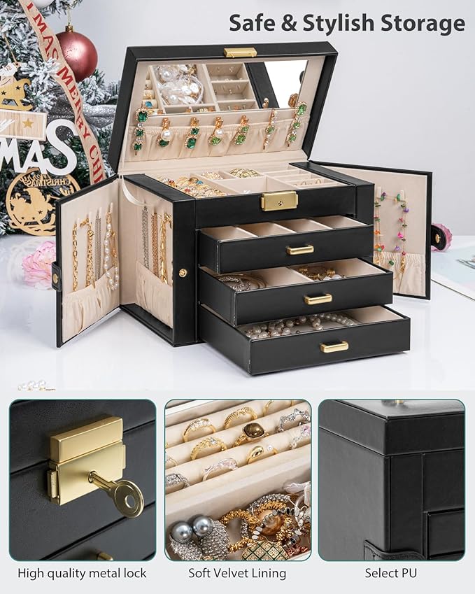 AKOZLIN Large 4-Tier Jewelry Box Leather Jewelry Storage Organizer with 3 Drawers Lockable for Women Girls Ring Necklace Earring Bracelet Watches Holder with Mirror Black