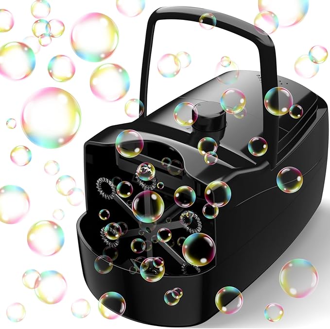 Bubble Machine, Automatic 18000+ Per Minute Big Bubbles Blower Maker for Kids Toddlers with 2 Speeds,6 Wands,Operated by Plugin or Batteries for Outdoor/Indoor Birthday Parties,Wedding (Black)