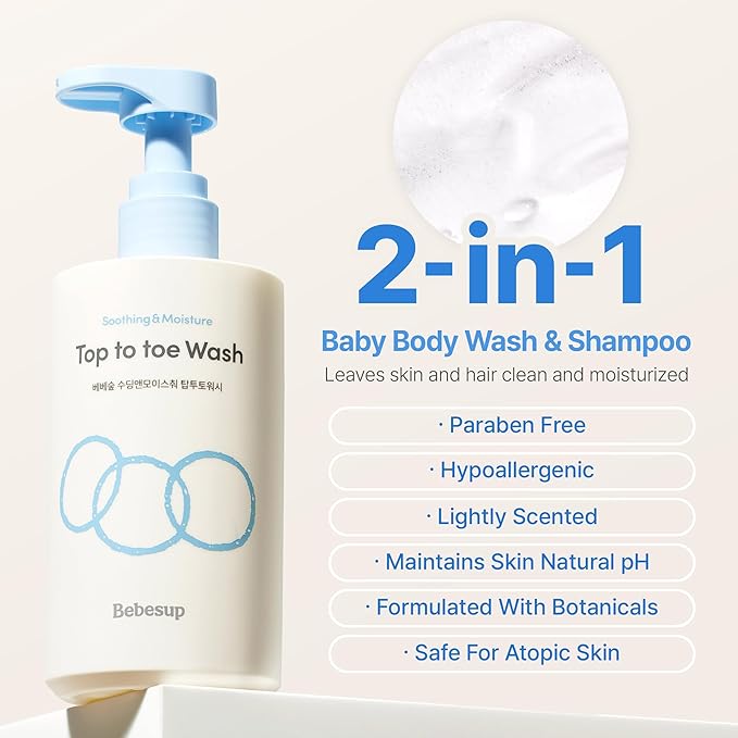 BEBESUP- 베베숲 Head to Toe Wash Baby Shampoo | Korean Skincare for Sensitive & Atopic Skin Organic Rice Cera Biome Hypoallergenic Coconut-Derived Cleanser Head to Toe Use 10.14 fl oz