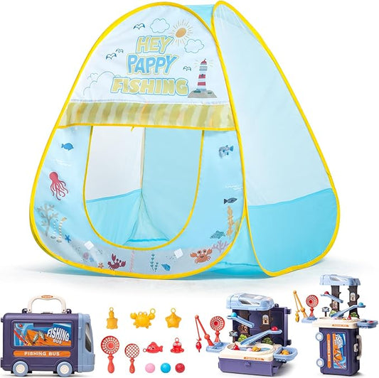 Kids Play Tent, Pop Up Play Tent Fishing Shop Theme with Complete Toy Set, Play Toys Play Set for Kids Indoor Outdoor Pretend Play