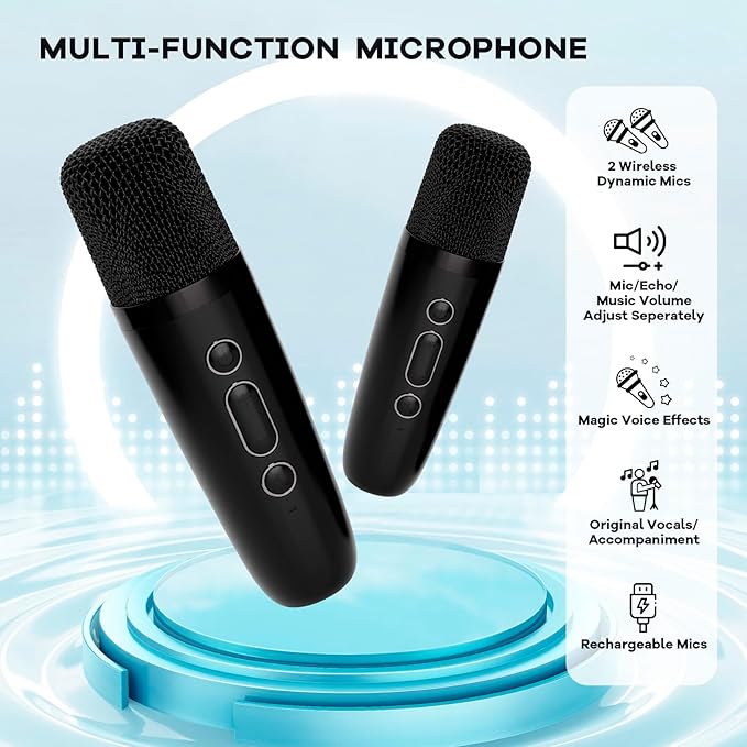 YLL Mini Karaoke Machine with 2 Wireless Microphones for Kids Adults, Portable Bluetooth Speaker, Popular Gift for 3, 4, 5, 6, 7, 8, 9, 10, 11, 12, 13+ Years Old Teens Birthday for Boys Home(Black)